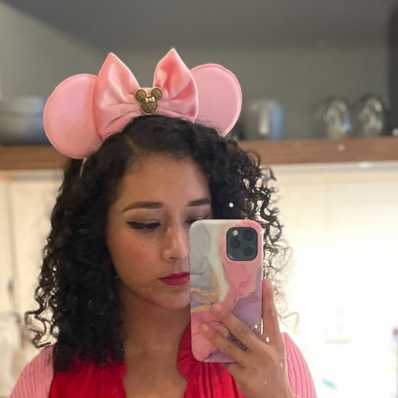 Pink Velvet Minnie Mouse inspired ears with brown charm. - Picture 2 of 5